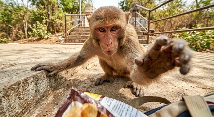 A curious monkey reaching out to grab food from a human perspective in an outdoor setting. The image captures interaction between wildlife and humans, highlighting curiosity and behavior. © Narasimha