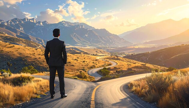 A suited individual gazes at diverging roads amidst a mountainous landscape, illuminated by a warm, golden sunrise