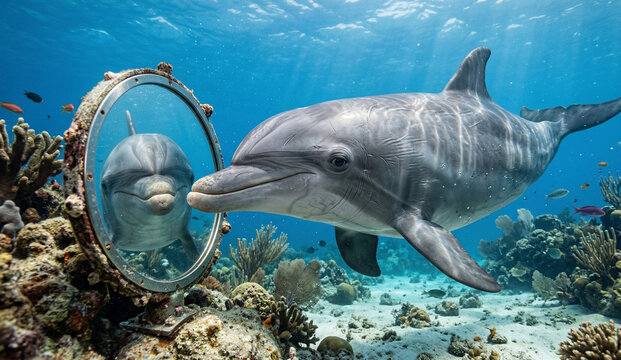 Bottlenose Dolphin Recognizing Itself in an Underwater Mirror on a Coral Reef, Marine Biology Concept: Dolphin Undergoing Mirror Self-Recognition Test in Tropical Ocean