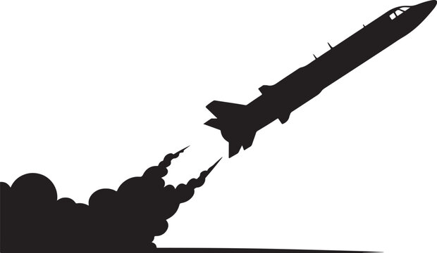 Rocket launch, black silhouette, space exploration, vector icon, missile blast off
