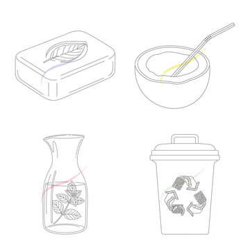 Ecological lifestyle line icon set featuring sustainable organic soap coconut bowl reusable pitcher glass and worm composting trash bin