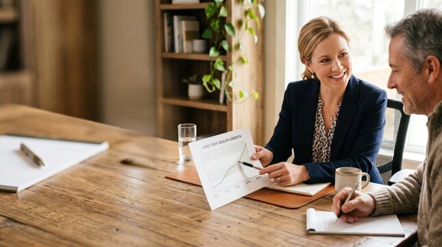 Financial advisor presenting long term wealth growth chart to middle aged client during retirement planning meeting at home office