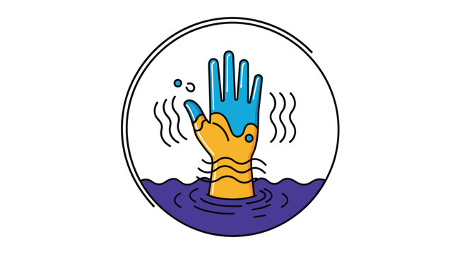Stylized illustration of a hand reaching out from dark blue water in a circular frame symbolizing a cry for help or drowning.