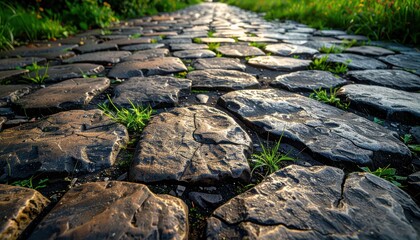 Fototapeta premium Ancient Cobblestone Path Winding Through Lush Greenery.
