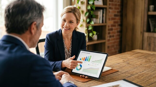 Financial advisor presenting portfolio summary on tablet to mature client during home consultation highlighting trust planning and investment guidance