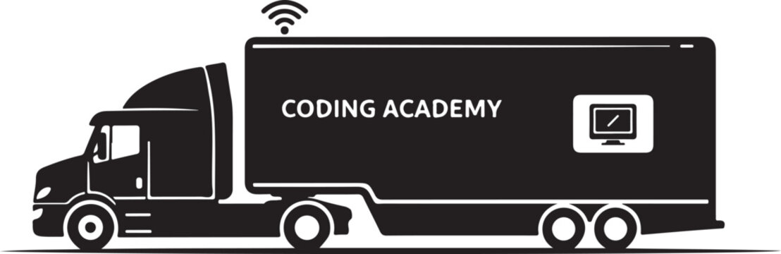 Truck, coding academy, education vehicle, black and white, vector illustration, transportation