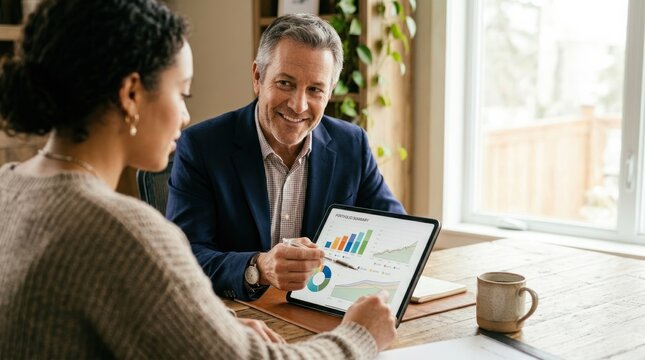 Financial advisor presenting portfolio summary on tablet to young client during home consultation showing trust investment guidance and support