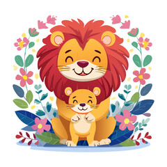 Fototapeta premium Lion family portrait with mother and baby surrounded by flowers for nursery wall art mother day cards and safari animal bonding concepts