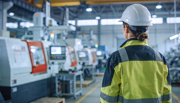 Diligent female engineer protective hard hat and yellow jacket monitors modern manufacturing plant. Industrial machines line production facility