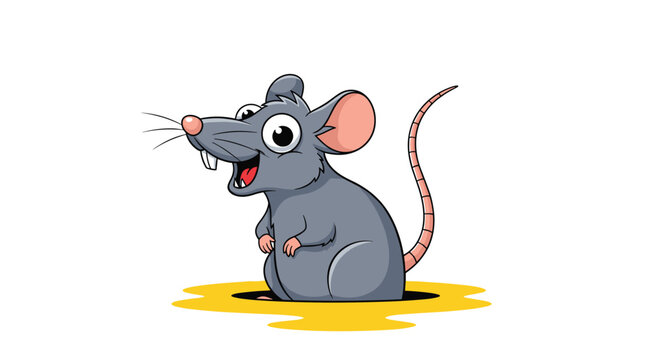 Cute cartoon grey rat with big eyes and a happy expression peeking out from a dark hole on a yellow surface background.