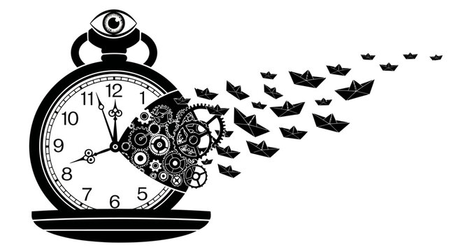 Pocket watch with gears and paper boats in silhouette against white background