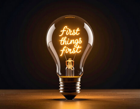 First things first - Glühbirne mit einem Glühdraht das aussieht wie das Wort "First things first"