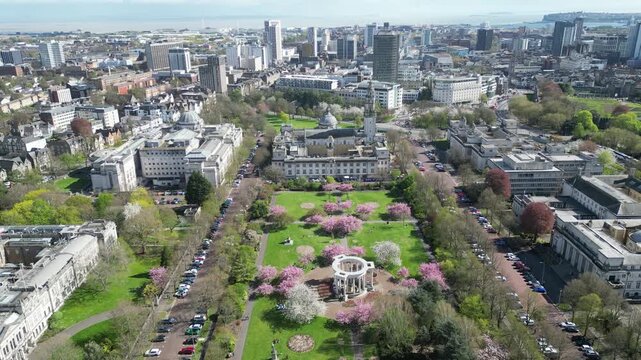 4K Aerial Drone Shot of Alexander Gardens and Cardiff City in Full Cherry Blossom Bloom (10 Seconds Video)