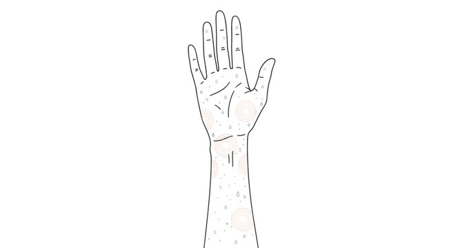 Human arm with red itchy spots and circular rashes on the skin suggesting a dermatological condition or insect bites.