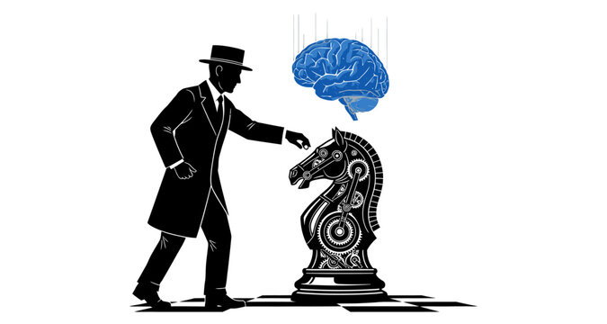 Man in hat moves chess knight with falling brain against white background silhouette