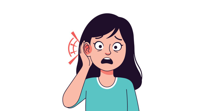 Young girl touching her ear with a pained expression because of an earache or infection indicated by red marks and stylized sound waves.