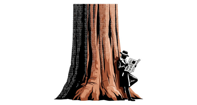 Man in hat reading newspaper leaning against large tree trunk with binary code on bark silhouette
