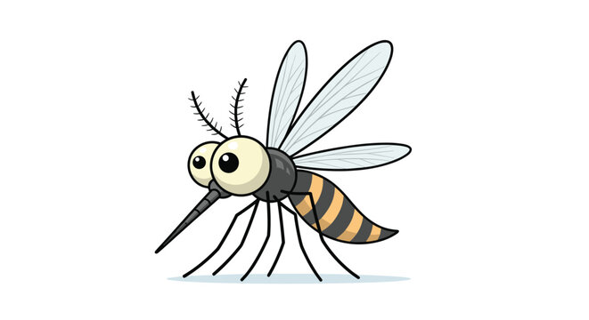 Cartoon mosquito with a striped body and large eyes standing on a surface isolated against a plain white background for pest control themes.