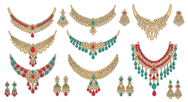 Collection of ornate Indian necklaces and earrings with precious stones, gold, and intricate designs