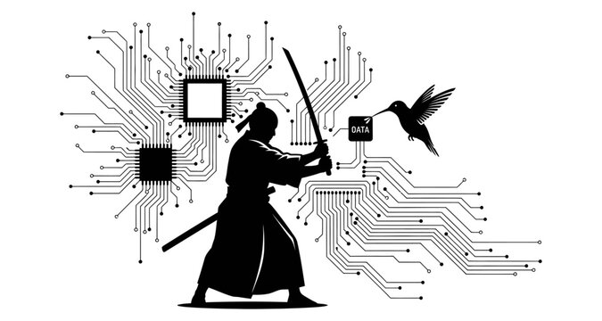Samurai warrior with sword against circuit board and hummingbird in silhouette