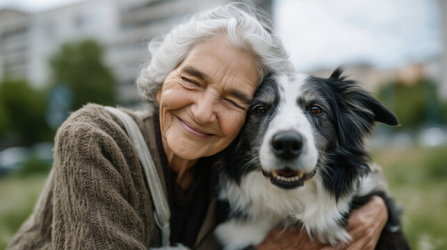 Elderly woman with silver locs crouching to hug a border collie in a green urban park, eyes closed, genuine emotion, pet ownership aging joy, mental health awareness month animal bond, green space a