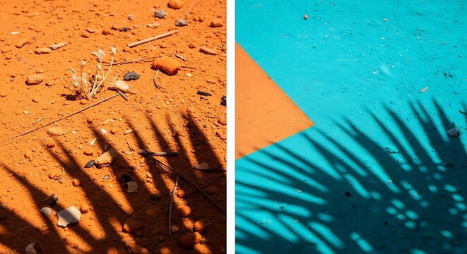 Diptyque image of palm tree shadows on contrasting orange and teal surfaces