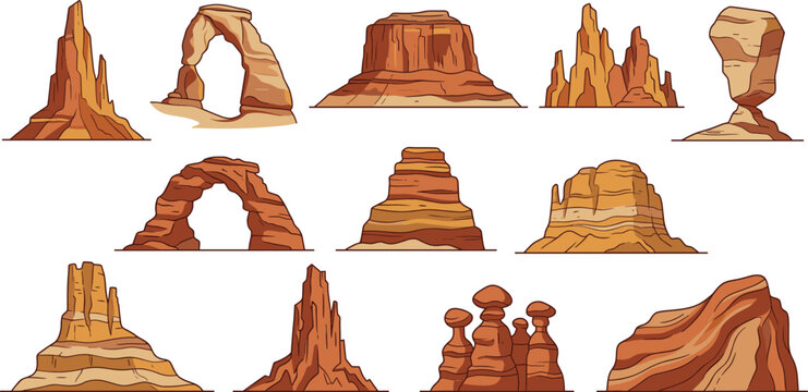 Red desert rock formations set, canyon arches and mesa buttes for western landscape, vector illustration