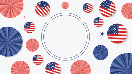 Obraz premium Patriotic Fourth of July background with red, white, and blue paper fans and American flag circles around a central white space.