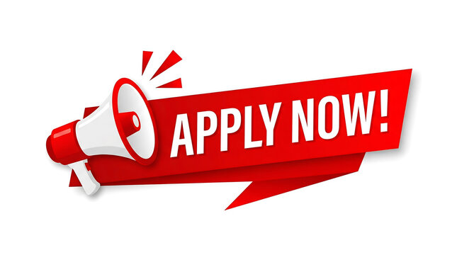 Bold red megaphone icon featuring large white text that says apply now for job openings