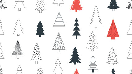 Obraz premium Minimalist seamless pattern featuring various stylized and geometric Christmas tree shapes in black, red, and white colors.