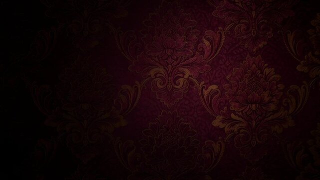 Elegant vintage floral damask pattern on rich burgundy background with golden ornamental design