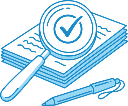 Isometric icon of a magnifying glass over a stack of documents with a checkmark and a pen