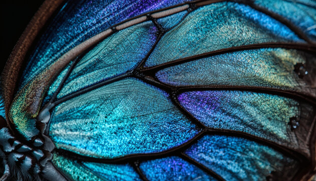 Iridescent Morpho butterfly wing scales macro. Biomimicry texture.