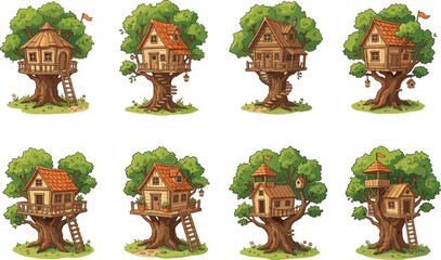 Fototapeta premium wooden treehouses for children with ladders and flags, vector illustration set