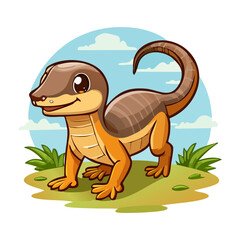 Fototapeta premium Brown lizard standing on grass for nature exploration and reptile biology study with realistic animal character and forest wildlife theme for children book