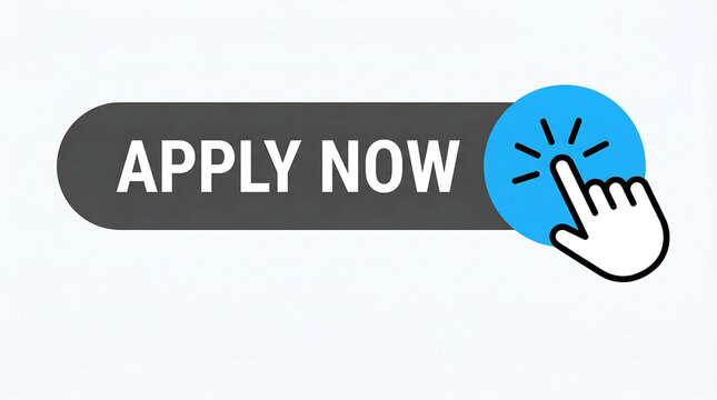 A dark grey apply now button with a blue circular icon and a clicking cursor hand