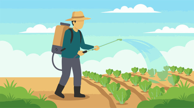 Farmer Spraying Crops with Backpack Sprayer in Agricultural Field
