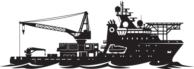 Obraz premium Industrial cargo ship, vessel with crane, harbor barge, silhouette illustration