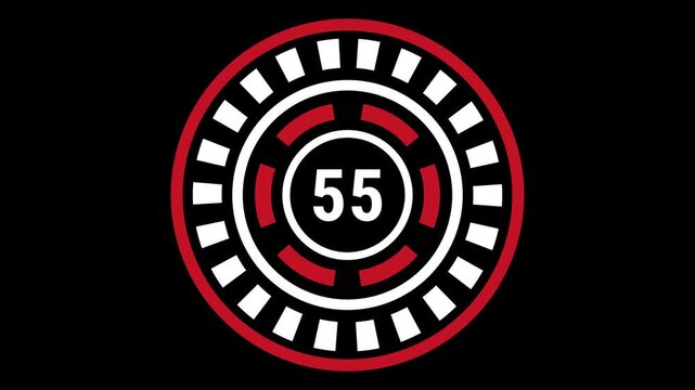 60-second gear-style countdown in red and white on black background with blinking outer ring, rotating inner dash ring, and changing center number.