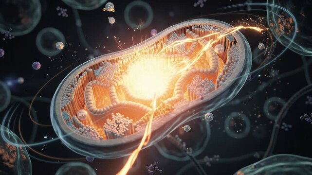 Detailed 3D illustration of a mitochondrion with glowing energy transfer and ATP molecules in a cellular environment
