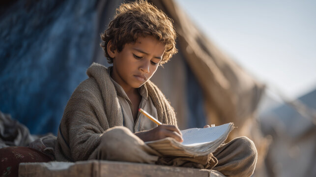 Rohingya refugee child doing homework on overturned crate outside blue tarp shelter, pencil stub, torn notebook, camp education, refugee childhood, displacement survival, stateless community, harsh 