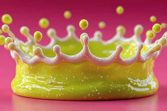 Vibrant Yellow Liquid Splash with Droplets on Bright Pink Background