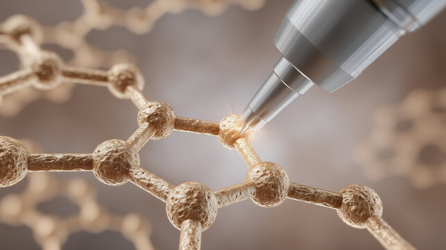 Scanning tunneling microscope needle tip at atomic proximity to gold surface lattice, rendered visualization on adjacent screen, researcher adjusting fine positioning controls in vibration-isolated 