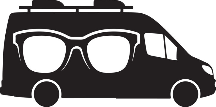 Black van with oversized sunglasses, vehicle icon, sunglasses on van, funny car graphic, black silhouette