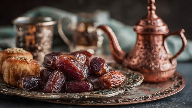 Shiny Dates Piled on Ornate Tray with Copper Teapot and Pastry