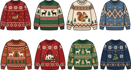  Christmas sweaters with reindeer, squirrel and festive patterns, holiday vector illustration © VectoVerse