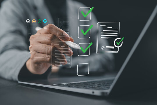 Checklist concept with businesswoman ticking digital questionnaire, survey, and audit items, representing approval process, paperless documentation, business goals, and compliance reporting.