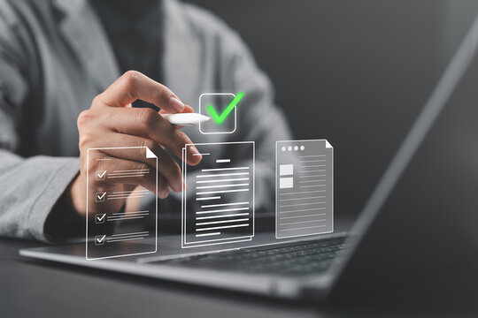 User preparing, checking, and approving documents on virtual screen, representing paperless document management, quality assurance, ERP workflow, and digital approval process.
