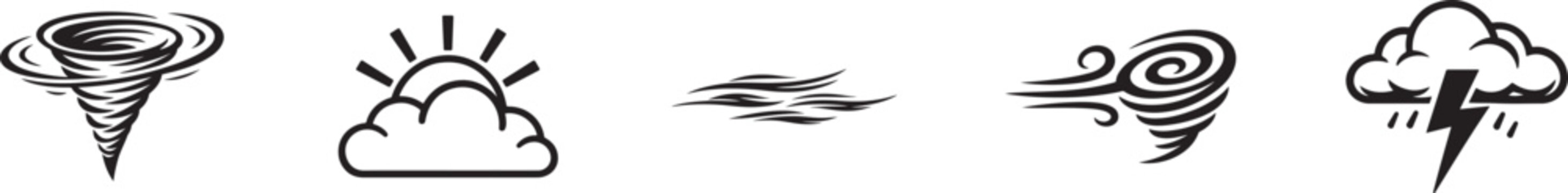 Linear cloud vector set with wind swirl and storm eddy outline icons isolated background.