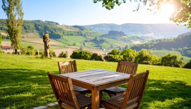 Idyllic Outdoor Dining Table with Scenic Vineyard Landscape View.